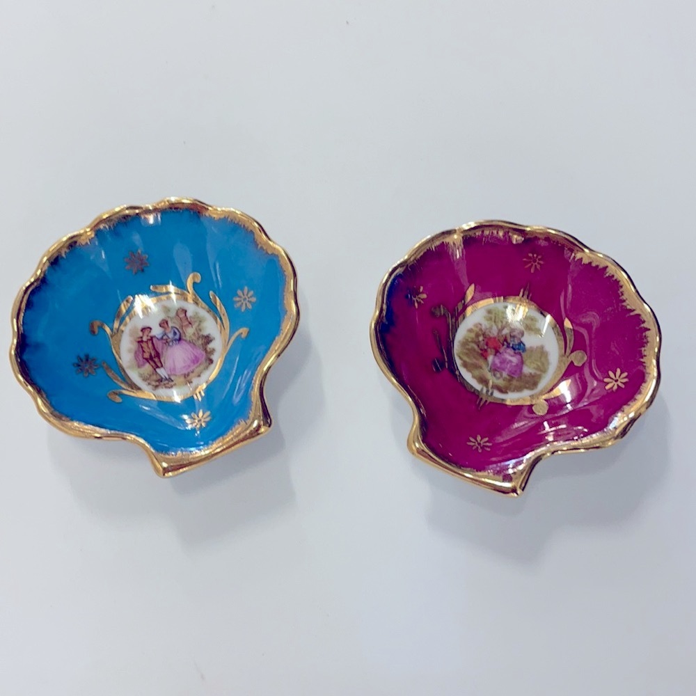 Limoges RARE 2 Pc small shell shaped dishes pink blue trinket couple gold rim